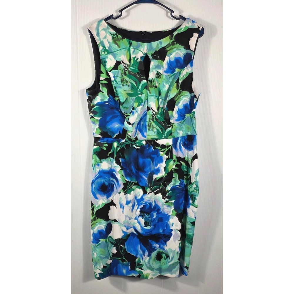 Connected Apparel Floral Sheath Dress Blue Green‎ Black Keyhole Size 12